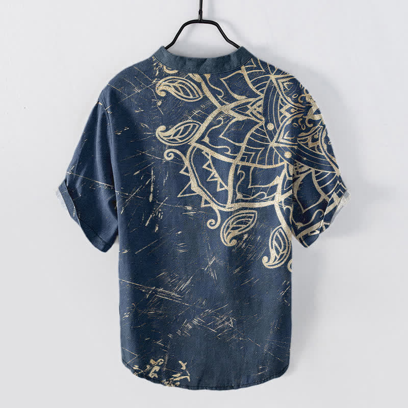Buddha Stones Chemise homme à manches courtes et demi-boutons, en coton vintage à motif floral mandala - image 1