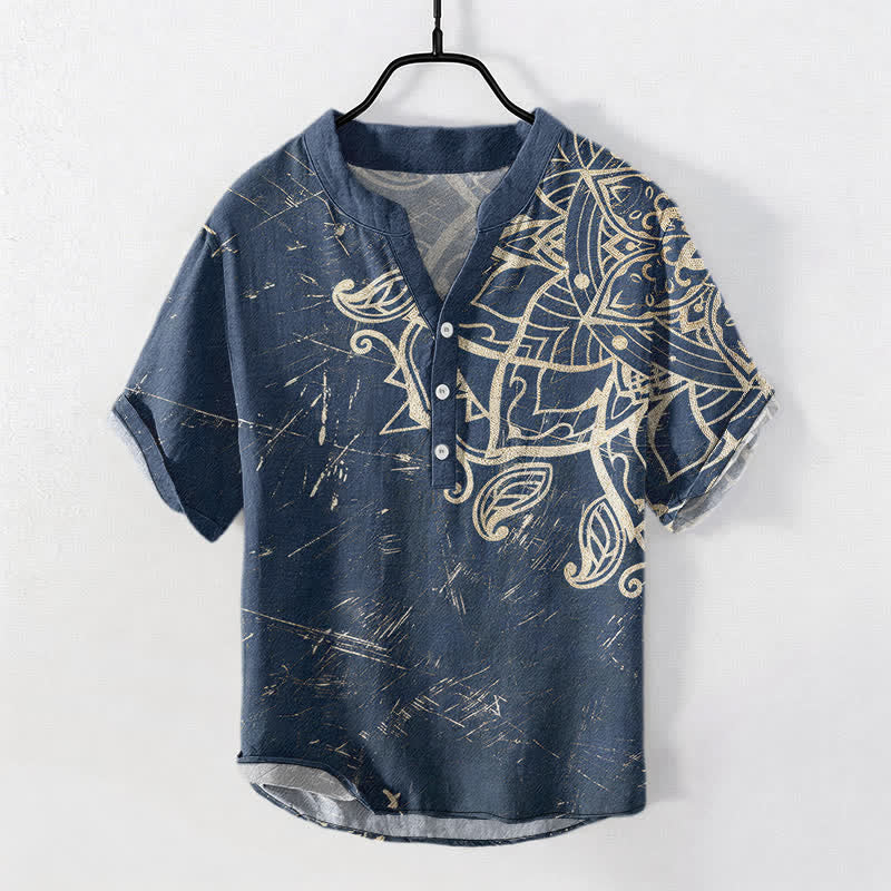 Buddha Stones Chemise homme à manches courtes et demi-boutons, en coton vintage à motif floral mandala - Marine - US/UK/AU50，EU60 (5XL) - image 0