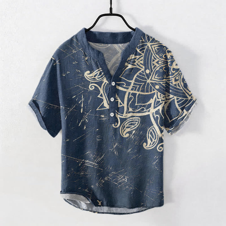 Buddha Stones Chemise homme à manches courtes et demi-boutons, en coton vintage à motif floral mandala - Marine - US/UK/AU50，EU60 (5XL) - image 0