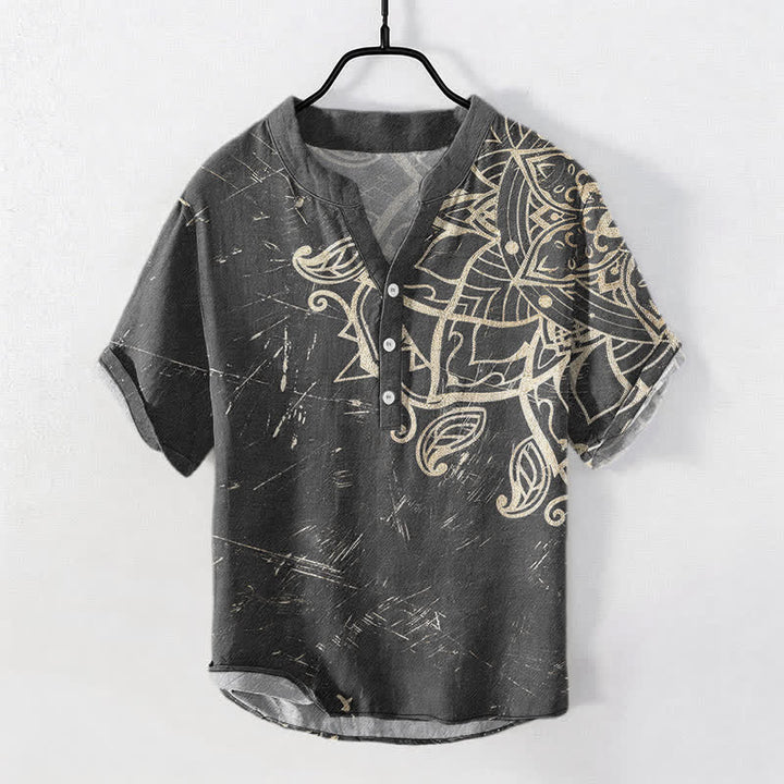 Buddha Stones Chemise homme à manches courtes et demi-boutons, en coton vintage à motif floral mandala - Gris sombre - US/UK/AU50，EU60 (5XL) - image 5