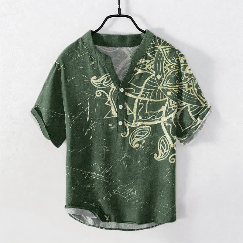 Buddha Stones Chemise homme à manches courtes et demi-boutons, en coton vintage à motif floral mandala - Vert forêt - US/UK/AU50，EU60 (5XL) - image 7