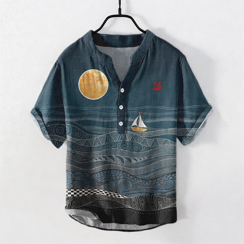 Buddha Stones Chemise à manches courtes pour homme en coton à motif de vagues et de voiliers - Sarcelle - US/UK/AU50，EU60 (5XL) - image 0