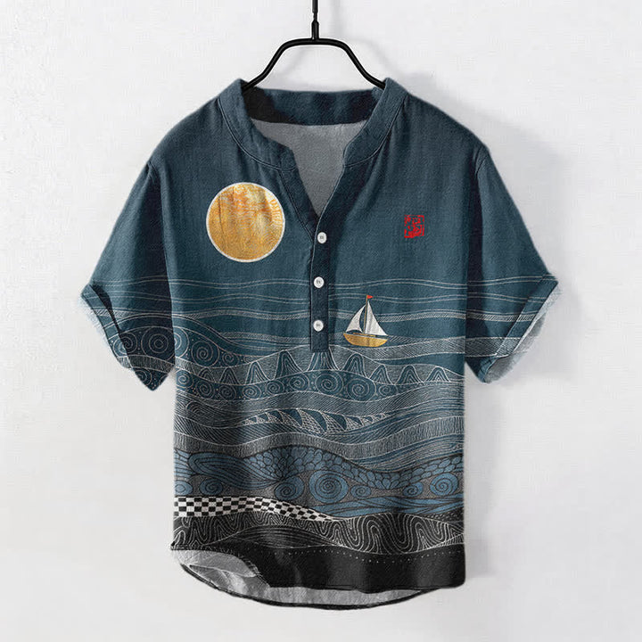 Buddha Stones Chemise à manches courtes pour homme en coton à motif de vagues et de voiliers - Sarcelle - US/UK/AU50，EU60 (5XL) - image 0
