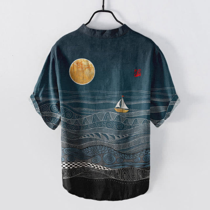 Buddha Stones Chemise à manches courtes pour homme en coton à motif de vagues et de voiliers - image 1