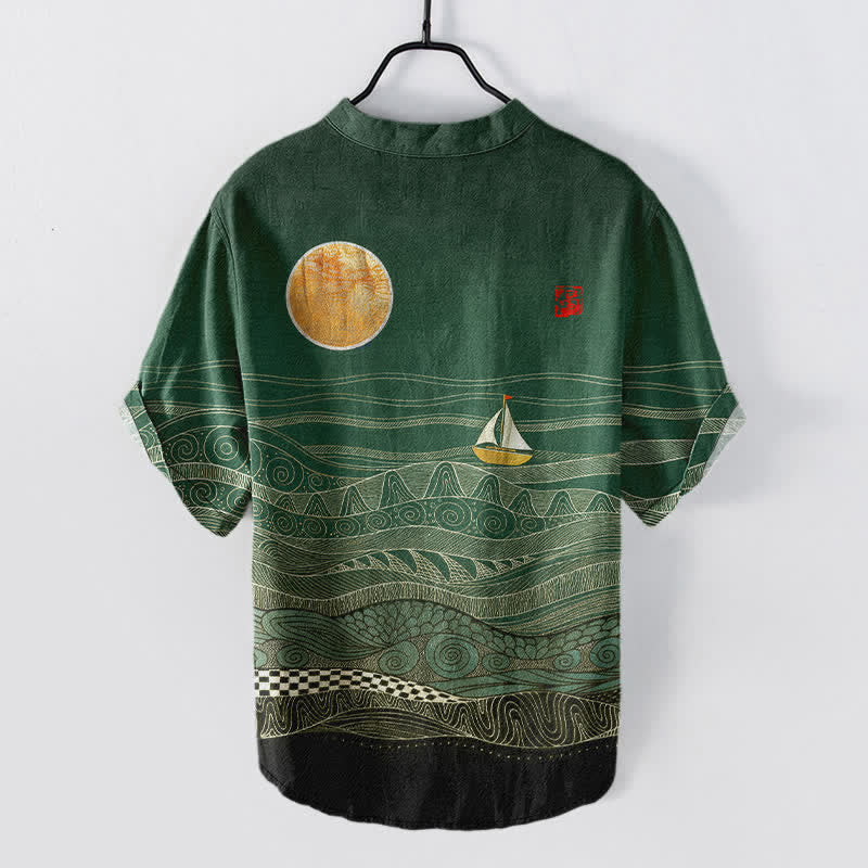 Buddha Stones Chemise à manches courtes pour homme en coton à motif de vagues et de voiliers - image 6