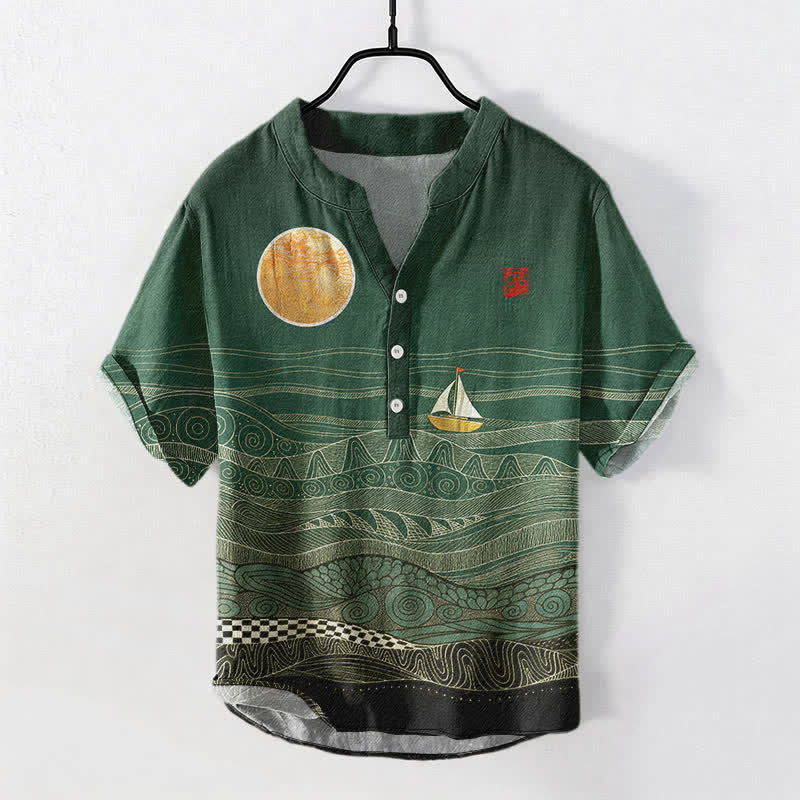 Buddha Stones Chemise à manches courtes pour homme en coton à motif de vagues et de voiliers - Vert forêt - US/UK/AU50，EU60 (5XL) - image 5