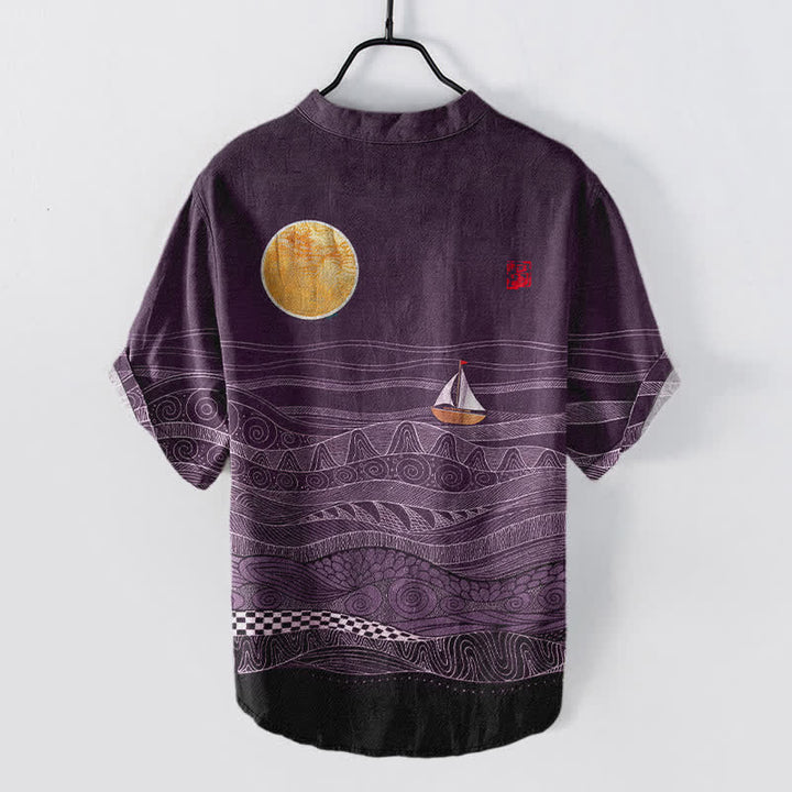 Buddha Stones Chemise à manches courtes pour homme en coton à motif de vagues et de voiliers - image 8