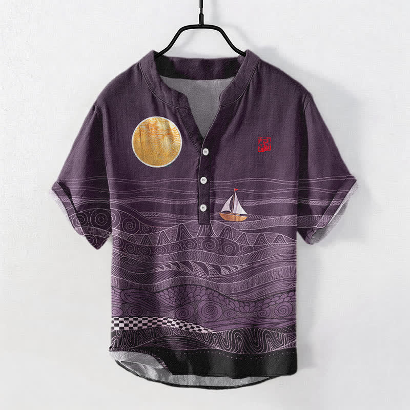 Buddha Stones Chemise à manches courtes pour homme en coton à motif de vagues et de voiliers - Violet - US/UK/AU50，EU60 (5XL) - image 7