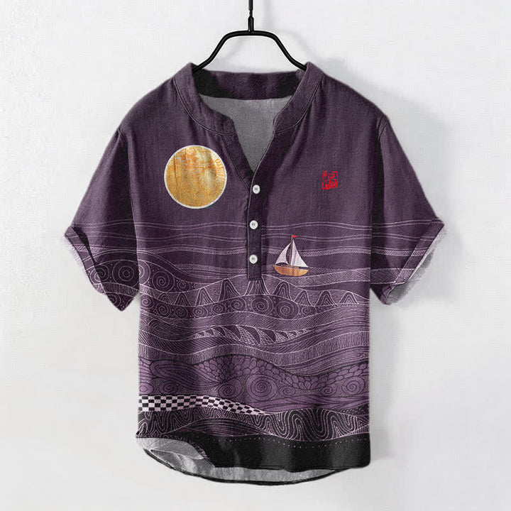 Buddha Stones Chemise à manches courtes pour homme en coton à motif de vagues et de voiliers - Violet - US/UK/AU50，EU60 (5XL) - image 7