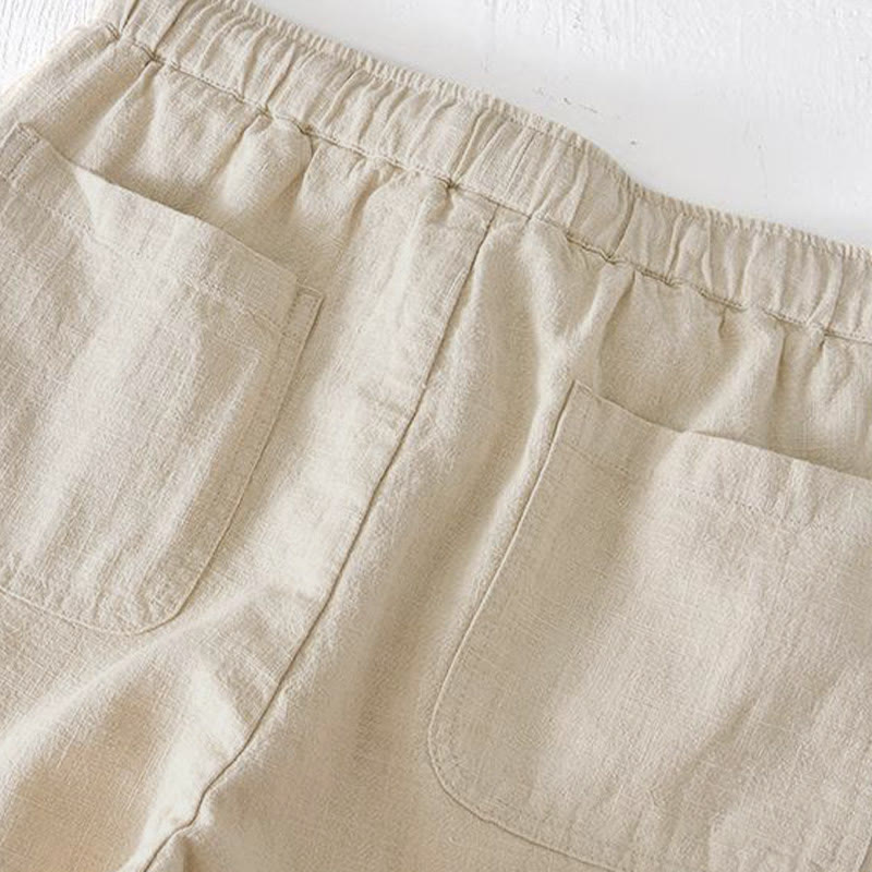 Short d'été pour homme en ramie, lin et coton, couleur unie, avec cordon de serrage et taille élastique, orné de Buddha Stones et doté de poches. - image 2
