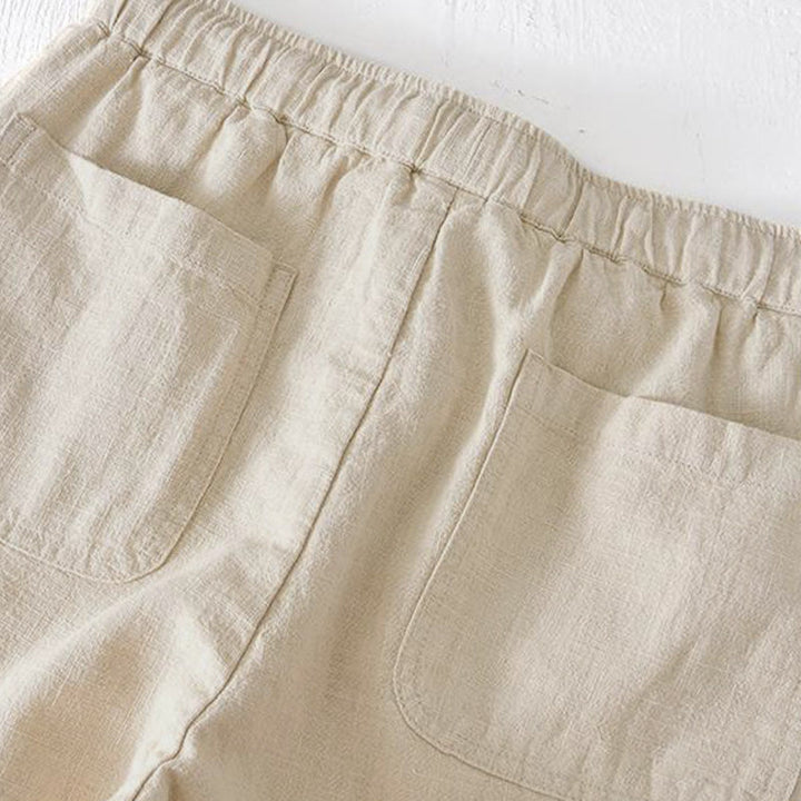 Short d'été pour homme en ramie, lin et coton, couleur unie, avec cordon de serrage et taille élastique, orné de Buddha Stones et doté de poches. - image 2
