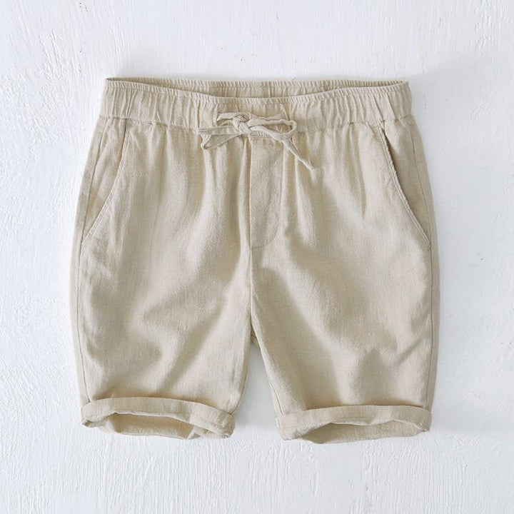 Short d'été pour homme en ramie, lin et coton, couleur unie, avec cordon de serrage et taille élastique, orné de Buddha Stones et doté de poches. - Beige - US/UK/AU44，EU54 (4XL) - image 0