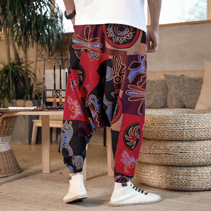 Pantalon harem court pour homme en coton à imprimé floral et Buddha Stones, avec poches - image 7