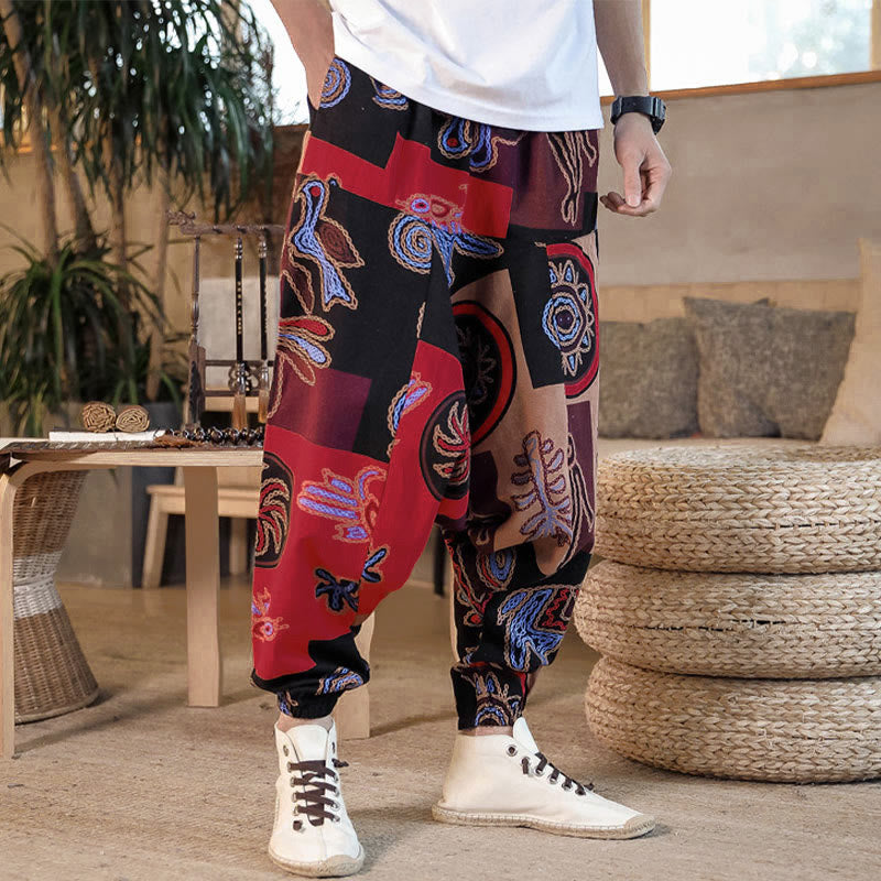 Pantalon harem court pour homme en coton à imprimé floral et Buddha Stones, avec poches - image 5