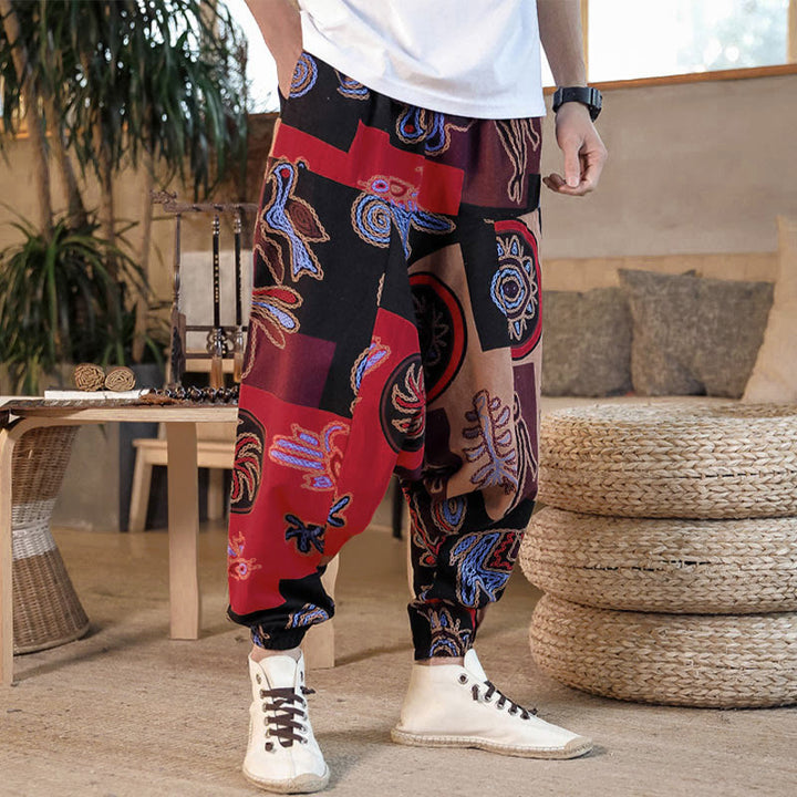 Pantalon harem court pour homme en coton à imprimé floral et Buddha Stones, avec poches - image 5