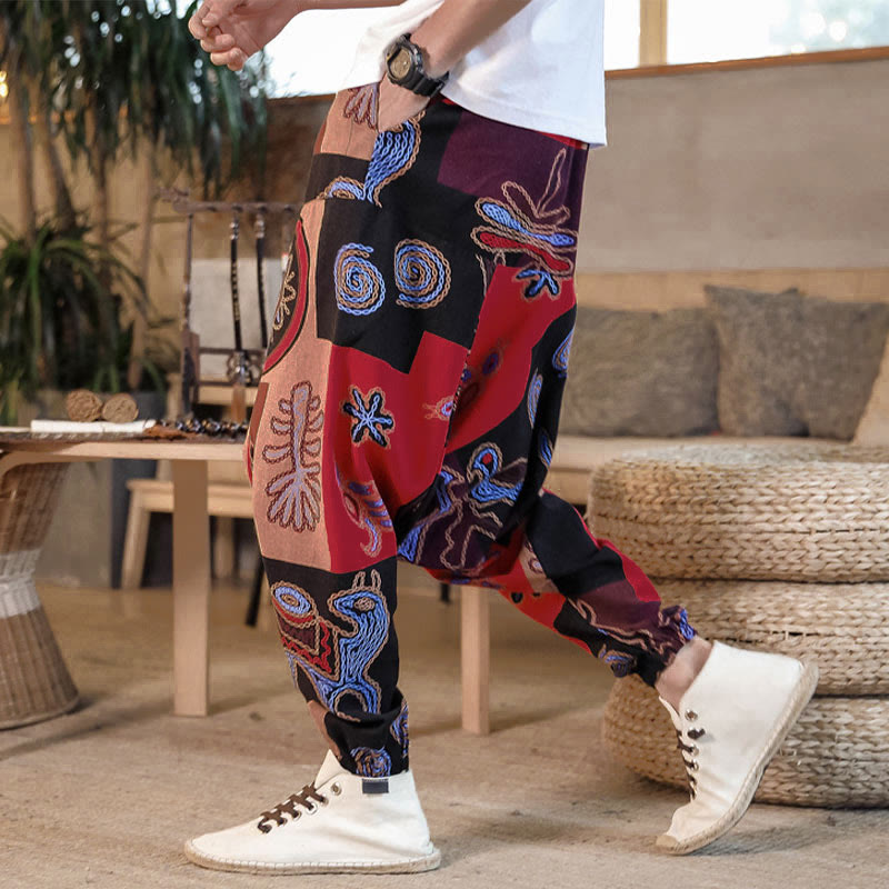 Pantalon harem court pour homme en coton à imprimé floral et Buddha Stones, avec poches - Rouge - US/UK/AU42，EU52 (3XL) - image 0