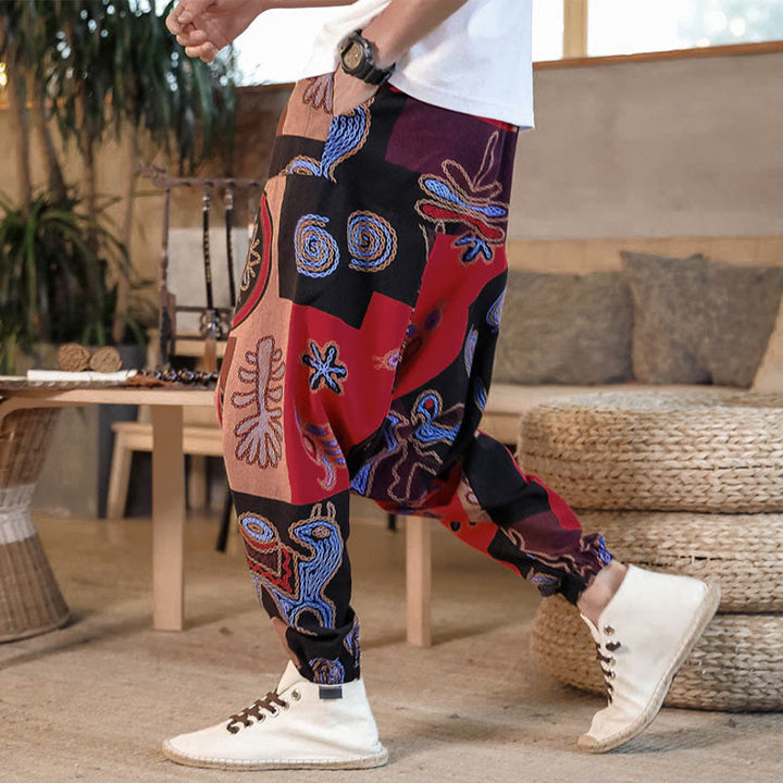 Pantalon harem court pour homme en coton à imprimé floral et Buddha Stones, avec poches - Rouge - US/UK/AU42，EU52 (3XL) - image 0