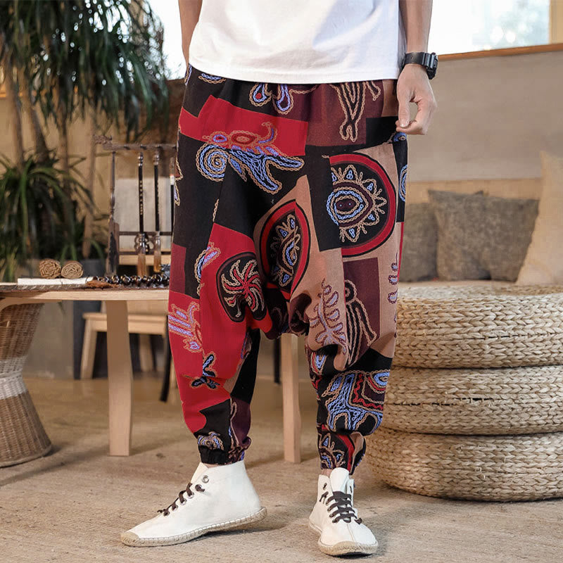 Pantalon harem court pour homme en coton à imprimé floral et Buddha Stones, avec poches - image 1