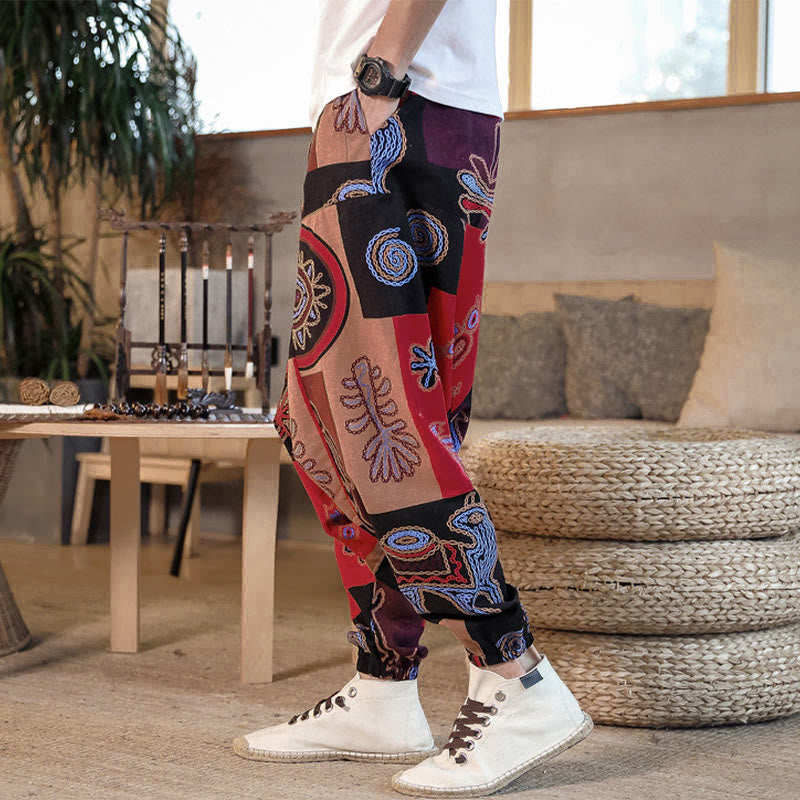 Pantalon harem court pour homme en coton à imprimé floral et Buddha Stones, avec poches - image 2