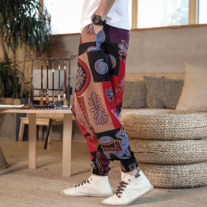 Pantalon harem court pour homme en coton à imprimé floral et Buddha Stones, avec poches - image 2
