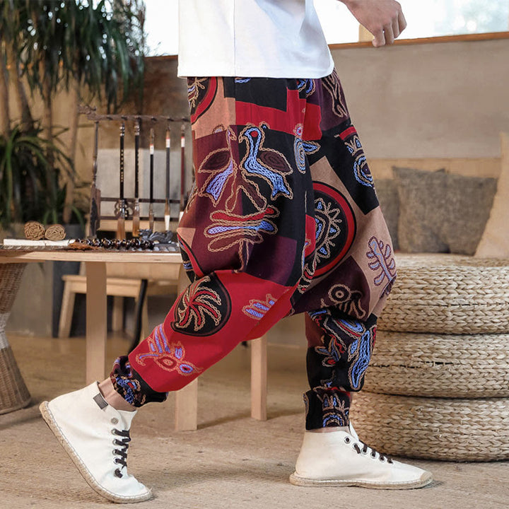 Pantalon harem court pour homme en coton à imprimé floral et Buddha Stones, avec poches - image 6