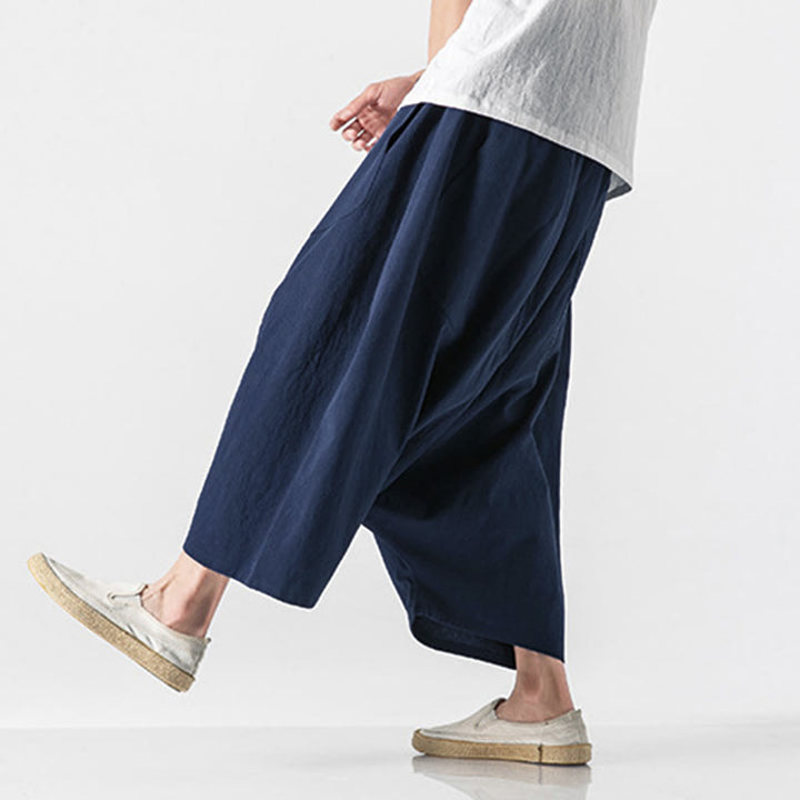 Pantalon homme décontracté à entrejambe basse, cordon de serrage, longueur 7-8, jambes larges, poches, motif Buddha Stones - Bleu ardoise foncé - US/UK/AU46，EU56 (5XL) - image 0