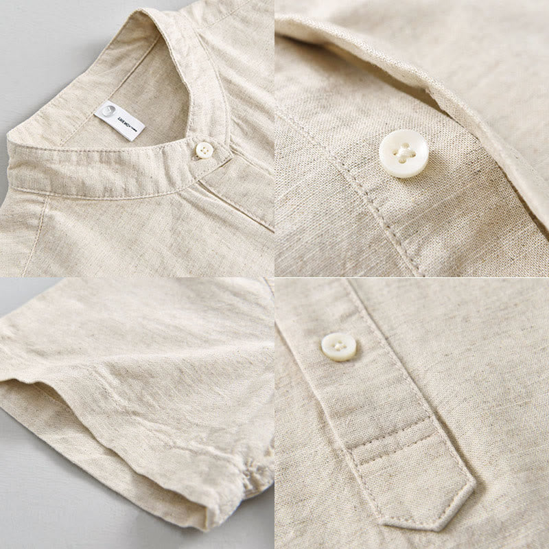 Chemise d'été pour homme, couleur unie, demi-boutonnée, manches courtes, en coton et lin, Buddha Stones - image 3