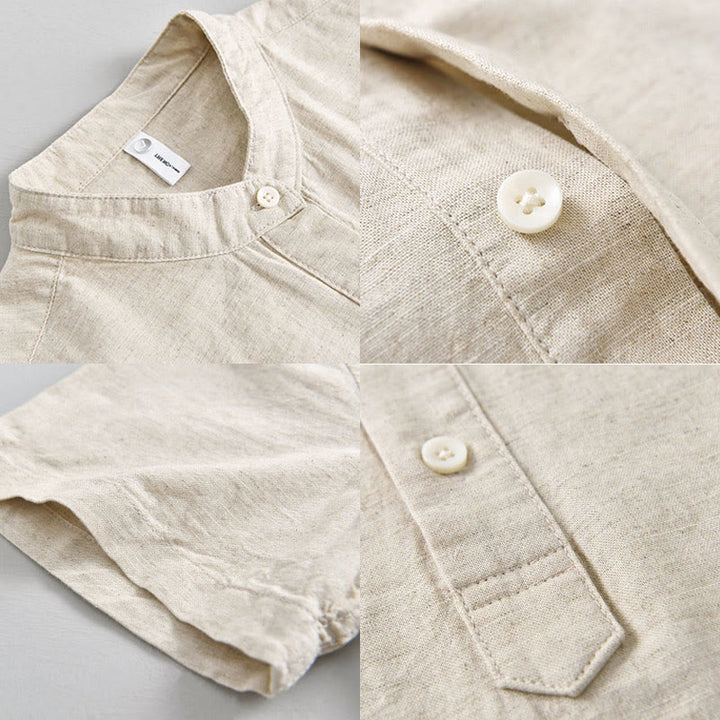 Chemise d'été pour homme, couleur unie, demi-boutonnée, manches courtes, en coton et lin, Buddha Stones - image 3