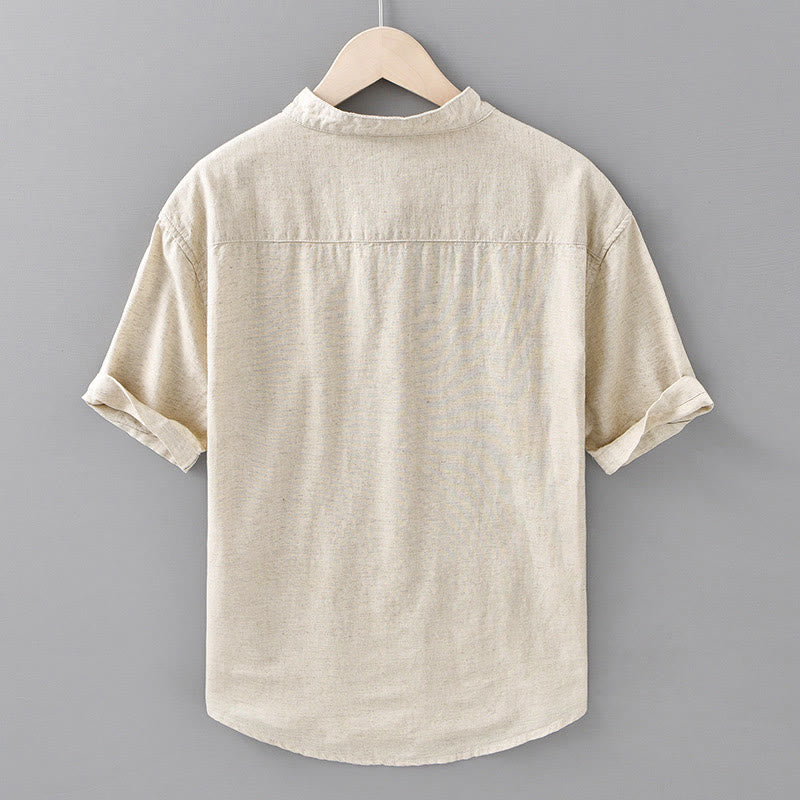 Chemise d'été pour homme, couleur unie, demi-boutonnée, manches courtes, en coton et lin, Buddha Stones - image 2