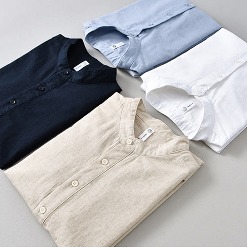 Chemise d'été pour homme, couleur unie, demi-boutonnée, manches courtes, en coton et lin, Buddha Stones - image 19