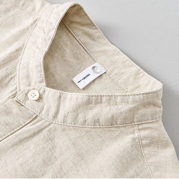 Chemise d'été pour homme, couleur unie, demi-boutonnée, manches courtes, en coton et lin, Buddha Stones - image 4