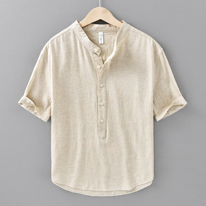 Chemise d'été pour homme, couleur unie, demi-boutonnée, manches courtes, en coton et lin, Buddha Stones - Lin - US/UK/AU42，EU52 (3XL) - image 0