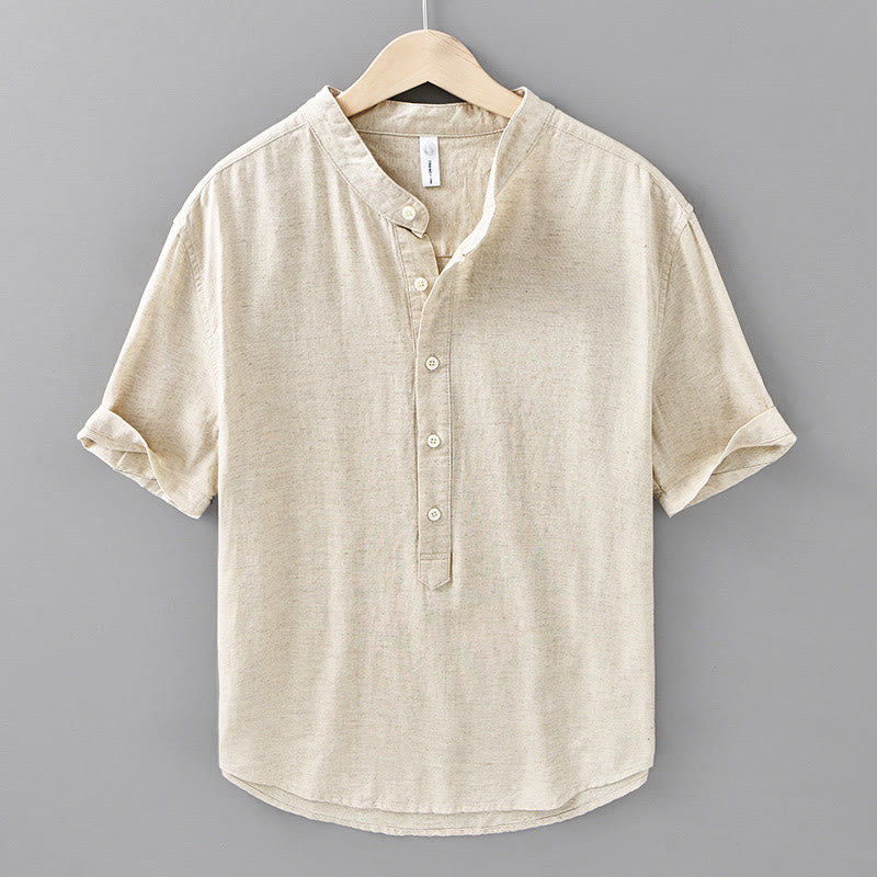 Chemise d'été pour homme, couleur unie, demi-boutonnée, manches courtes, en coton et lin, Buddha Stones - Lin - US/UK/AU42，EU52 (3XL) - image 0