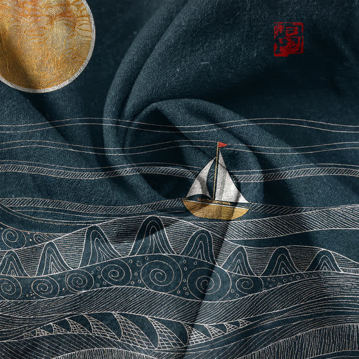 Buddha Stones Chemise à manches courtes pour homme en coton à motif de vagues et de voiliers - image 4
