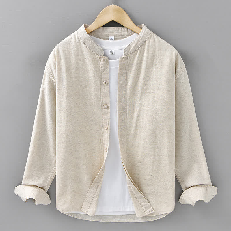 Buddha Stones Chemises à manches longues pour hommes, style décontracté printanier, col mandarin, boutonnées, en coton et lin uni - Lin - US/UK/AU42，EU52 (3XL) - image 0