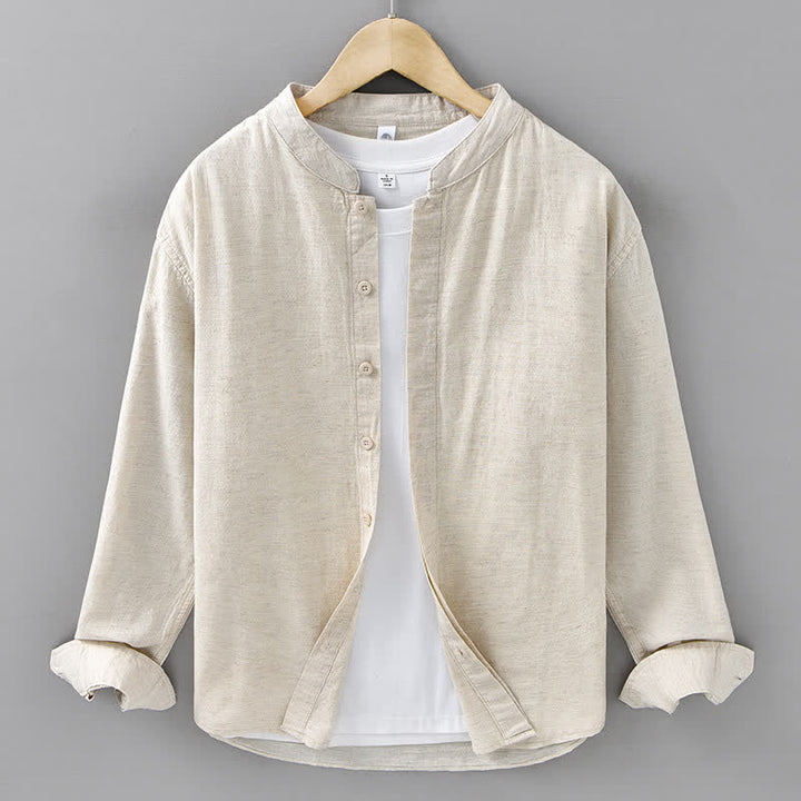 Buddha Stones Chemises à manches longues pour hommes, style décontracté printanier, col mandarin, boutonnées, en coton et lin uni - Lin - US/UK/AU42，EU52 (3XL) - image 0