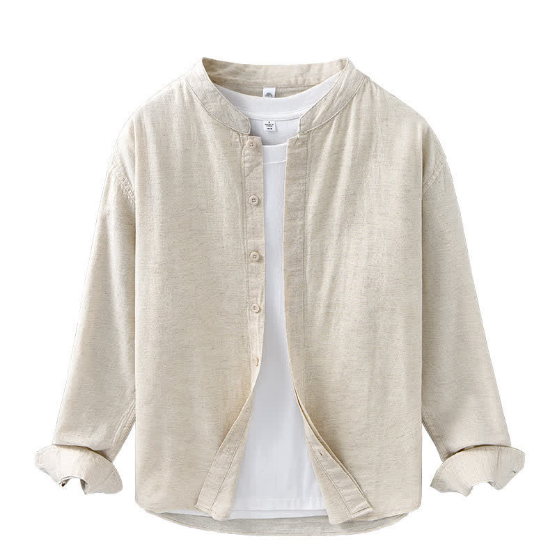 Buddha Stones Chemises à manches longues pour hommes, style décontracté printanier, col mandarin, boutonnées, en coton et lin uni - image 2