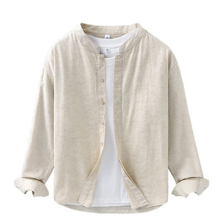 Buddha Stones Chemises à manches longues pour hommes, style décontracté printanier, col mandarin, boutonnées, en coton et lin uni - image 2
