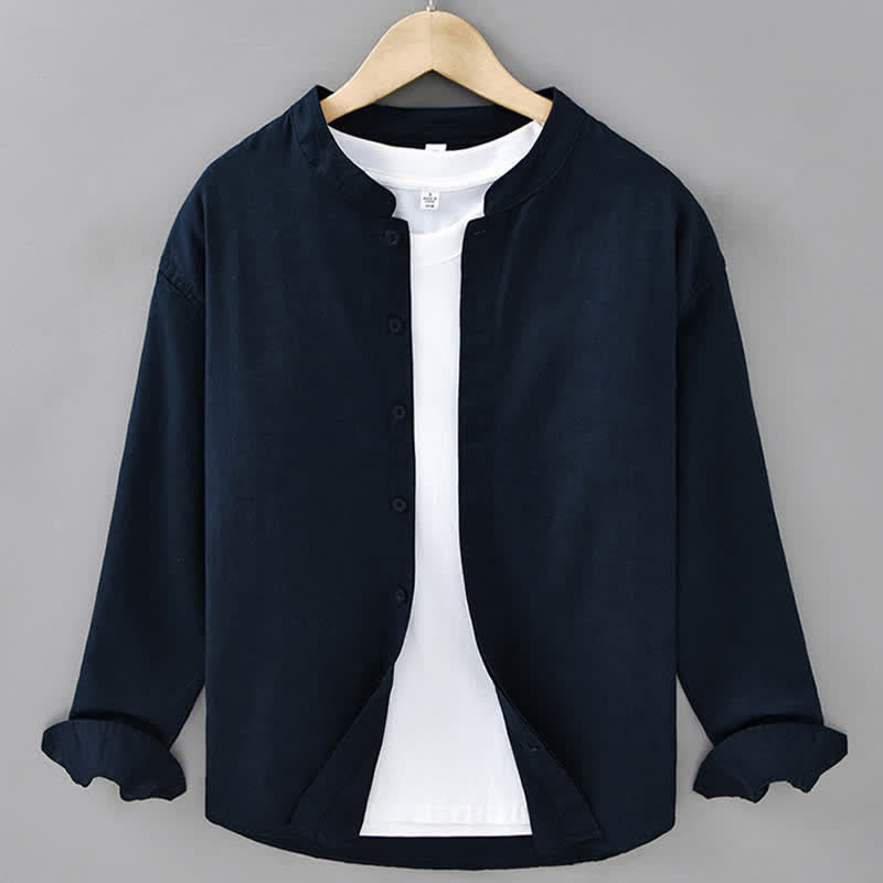 Buddha Stones Chemises à manches longues pour hommes, style décontracté printanier, col mandarin, boutonnées, en coton et lin uni - Marine - US/UK/AU42，EU52 (3XL) - image 9