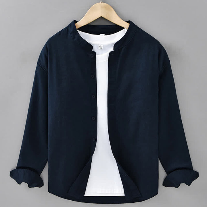 Buddha Stones Chemises à manches longues pour hommes, style décontracté printanier, col mandarin, boutonnées, en coton et lin uni - Marine - US/UK/AU42，EU52 (3XL) - image 9