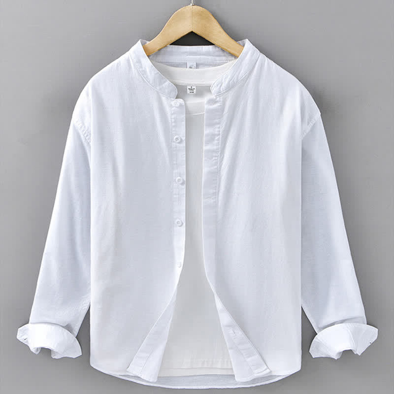 Buddha Stones Chemises à manches longues pour hommes, style décontracté printanier, col mandarin, boutonnées, en coton et lin uni - Blanc - US/UK/AU42，EU52 (3XL) - image 17