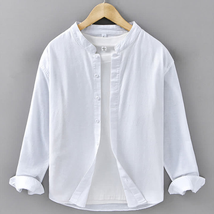 Buddha Stones Chemises à manches longues pour hommes, style décontracté printanier, col mandarin, boutonnées, en coton et lin uni - Blanc - US/UK/AU42，EU52 (3XL) - image 17