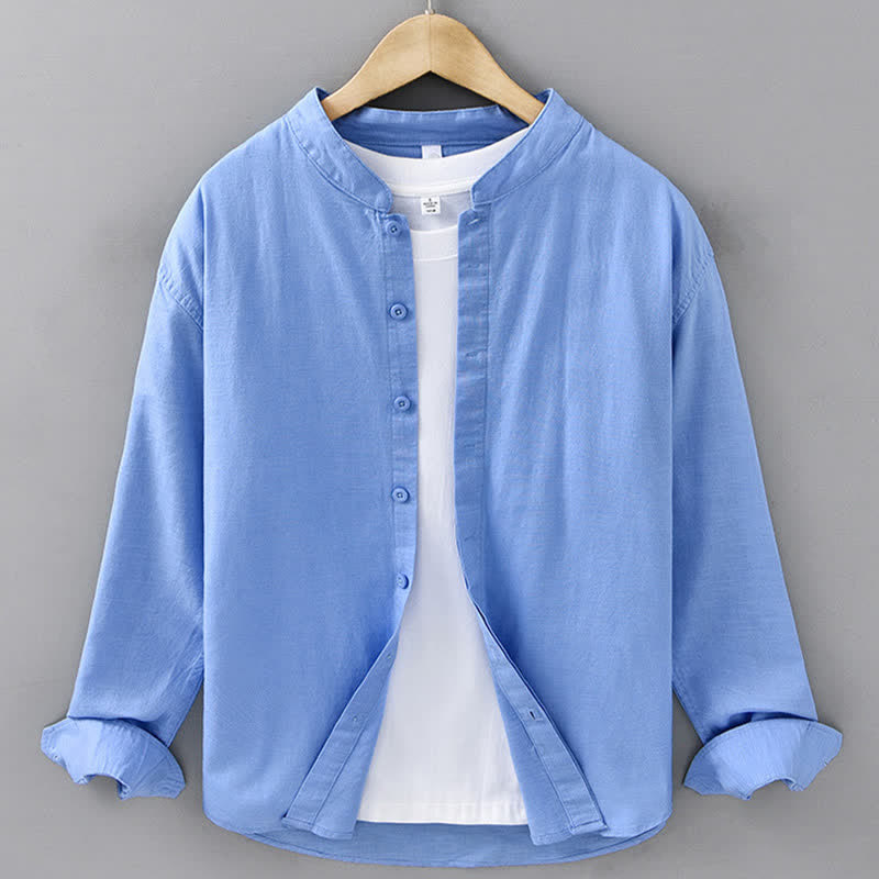 Buddha Stones Chemises à manches longues pour hommes, style décontracté printanier, col mandarin, boutonnées, en coton et lin uni - Bleuet - US/UK/AU42，EU52 (3XL) - image 13