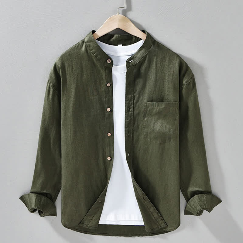 Buddha Stones Chemises à manches longues pour homme en lin uni, col mandarin, style décontracté printanier, avec poche plaquée - Vert olive foncé - US/UK/AU42，EU52 (3XL) - image 17