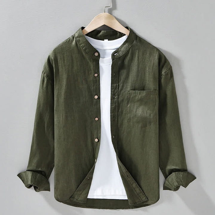 Buddha Stones Chemises à manches longues pour homme en lin uni, col mandarin, style décontracté printanier, avec poche plaquée - Vert olive foncé - US/UK/AU42，EU52 (3XL) - image 17