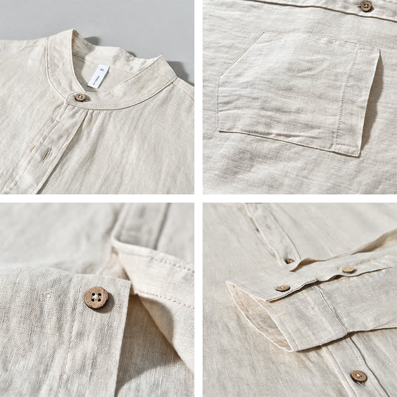 Buddha Stones Chemises à manches longues pour homme en lin uni, col mandarin, style décontracté printanier, avec poche plaquée - image 3