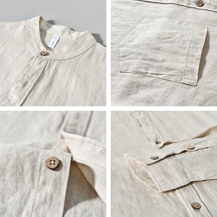 Buddha Stones Chemises à manches longues pour homme en lin uni, col mandarin, style décontracté printanier, avec poche plaquée - image 3