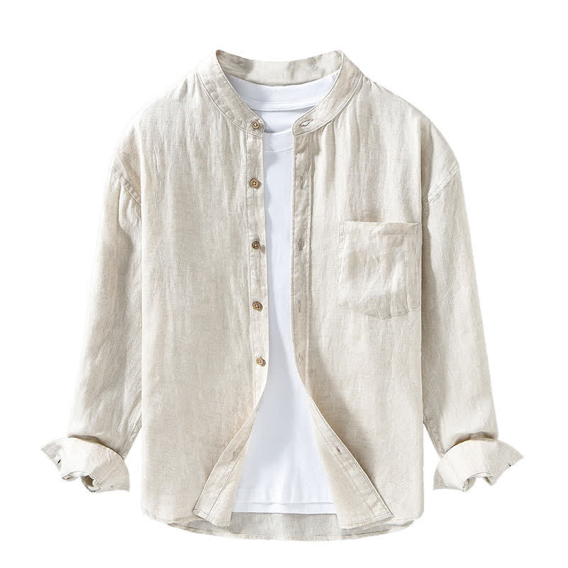 Buddha Stones Chemises à manches longues pour homme en lin uni, col mandarin, style décontracté printanier, avec poche plaquée - image 2