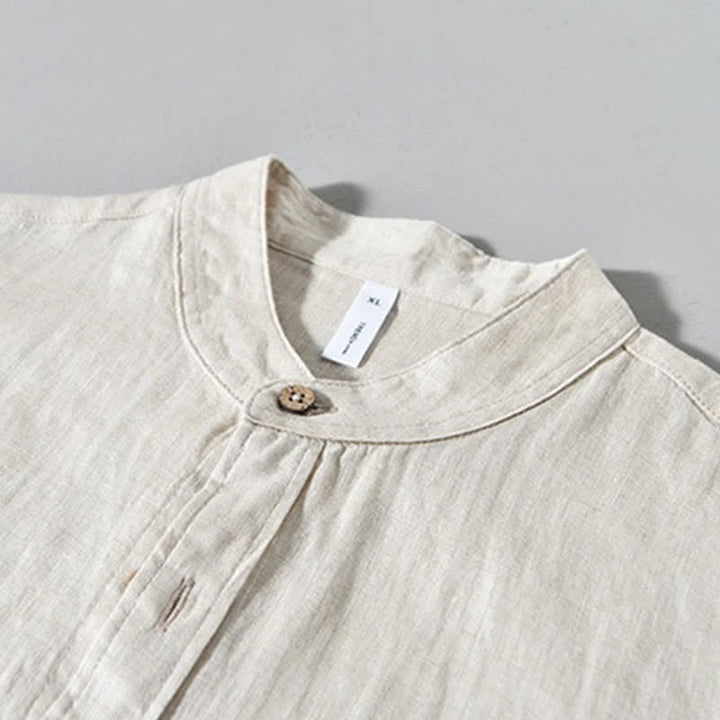 Buddha Stones Chemises à manches longues pour homme en lin uni, col mandarin, style décontracté printanier, avec poche plaquée - image 4