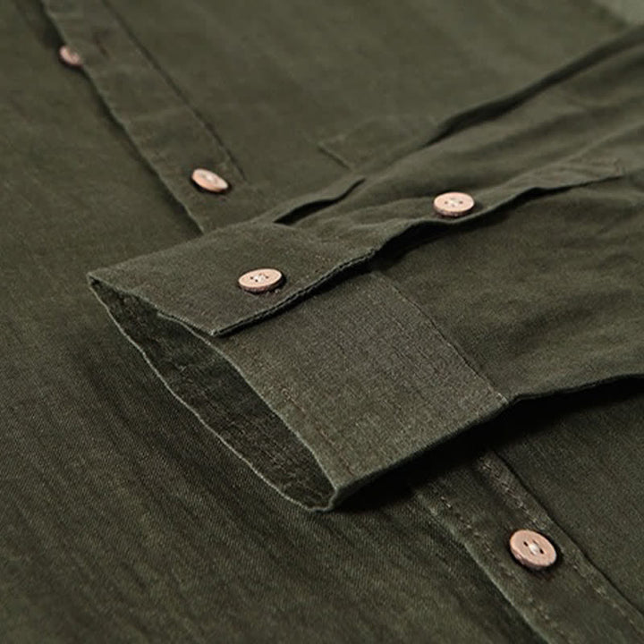 Buddha Stones Chemises à manches longues pour homme en lin uni, col mandarin, style décontracté printanier, avec poche plaquée - image 20